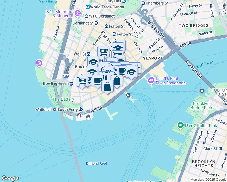 map of restaurants, bars, coffee shops, grocery stores, and more near 77 Water Street in New York