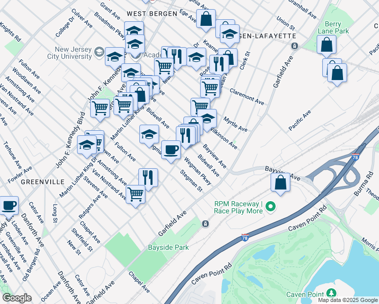 map of restaurants, bars, coffee shops, grocery stores, and more near 507-523 Ocean Avenue in Jersey City