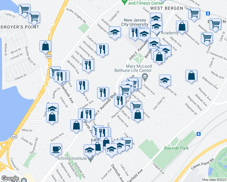 map of restaurants, bars, coffee shops, grocery stores, and more near 262 Fowler Avenue in Jersey City
