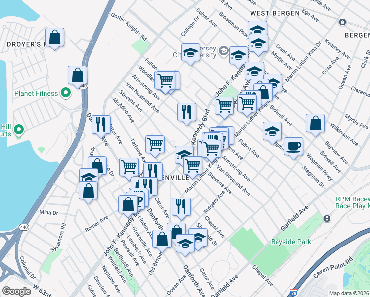 map of restaurants, bars, coffee shops, grocery stores, and more near 262 Fowler Avenue in Jersey City
