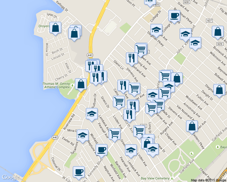 map of restaurants, bars, coffee shops, grocery stores, and more near 371 Cator Avenue in Jersey City