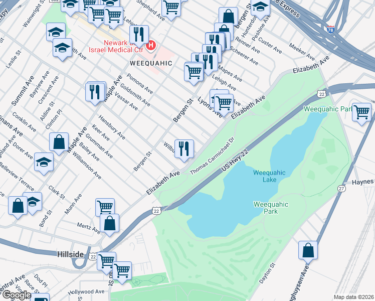 map of restaurants, bars, coffee shops, grocery stores, and more near 20-24 Vassar Avenue in Newark