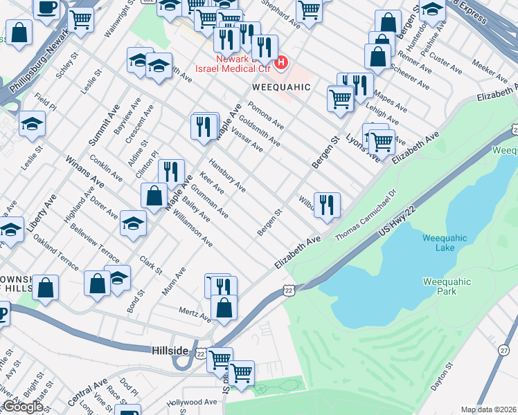 map of restaurants, bars, coffee shops, grocery stores, and more near 80-82 Hansbury Avenue in Newark