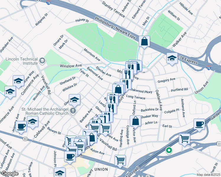 map of restaurants, bars, coffee shops, grocery stores, and more near 2050 Balmoral Avenue in Union