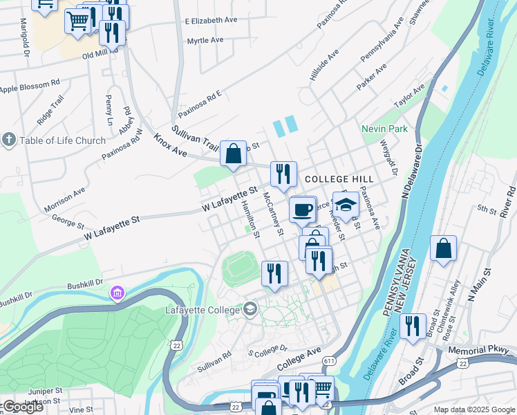 map of restaurants, bars, coffee shops, grocery stores, and more near 719 Hamilton Street in Easton