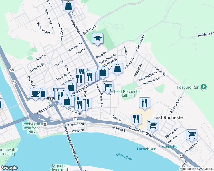 map of restaurants, bars, coffee shops, grocery stores, and more near 507 Jackson Street in Rochester