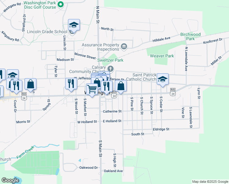 map of restaurants, bars, coffee shops, grocery stores, and more near 105 North High Street in Washington