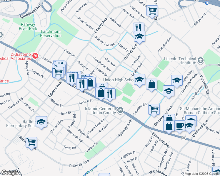 map of restaurants, bars, coffee shops, grocery stores, and more near 12 Regina Street in Union
