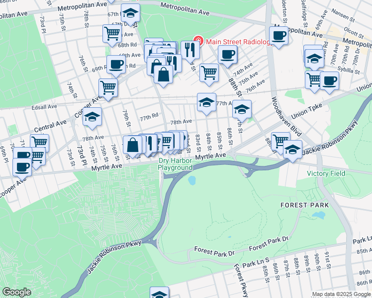 map of restaurants, bars, coffee shops, grocery stores, and more near 78-52 81st Street in Queens