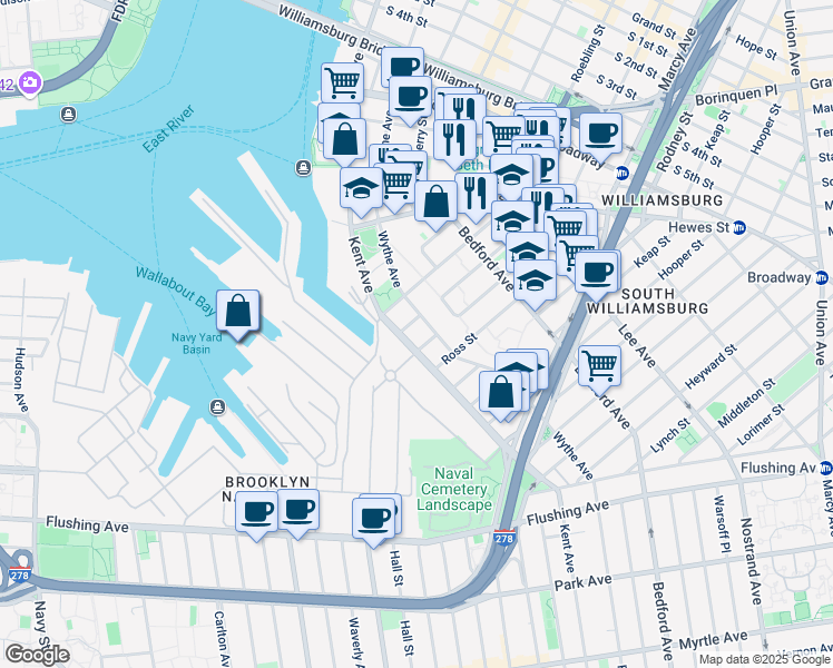 map of restaurants, bars, coffee shops, grocery stores, and more near 25 Taylor Street in Brooklyn