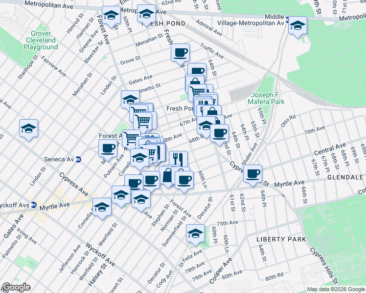 map of restaurants, bars, coffee shops, grocery stores, and more near 60-27 68th Road in Queens