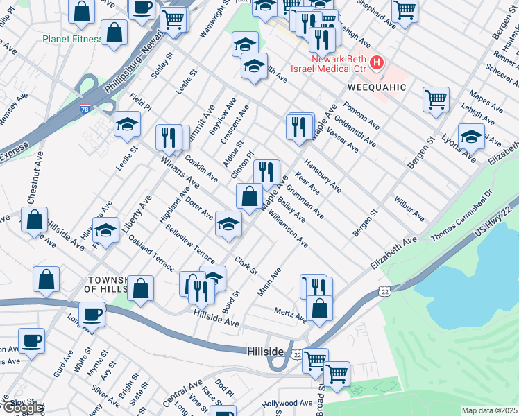 map of restaurants, bars, coffee shops, grocery stores, and more near 209 Conklin Avenue in Hillside