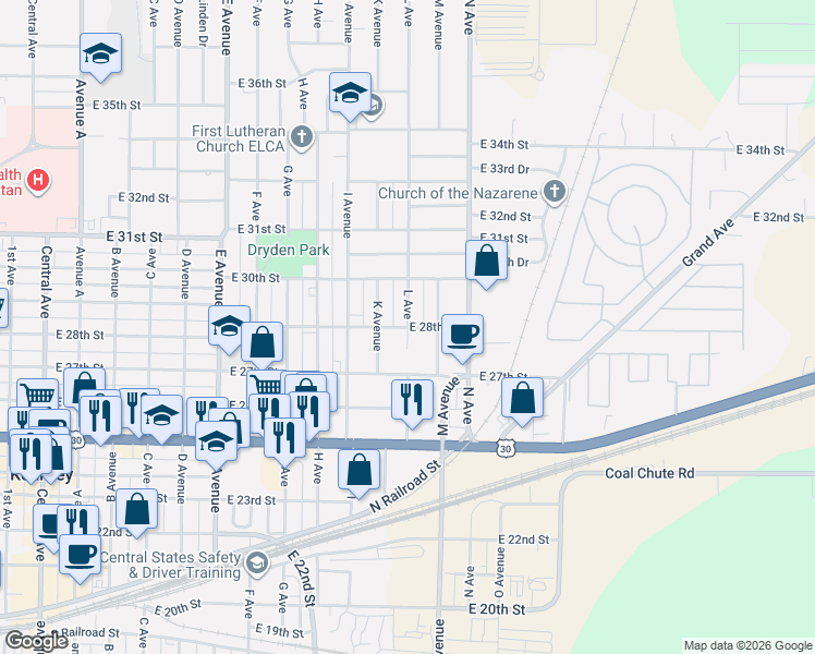 map of restaurants, bars, coffee shops, grocery stores, and more near 2800 L Avenue in Kearney