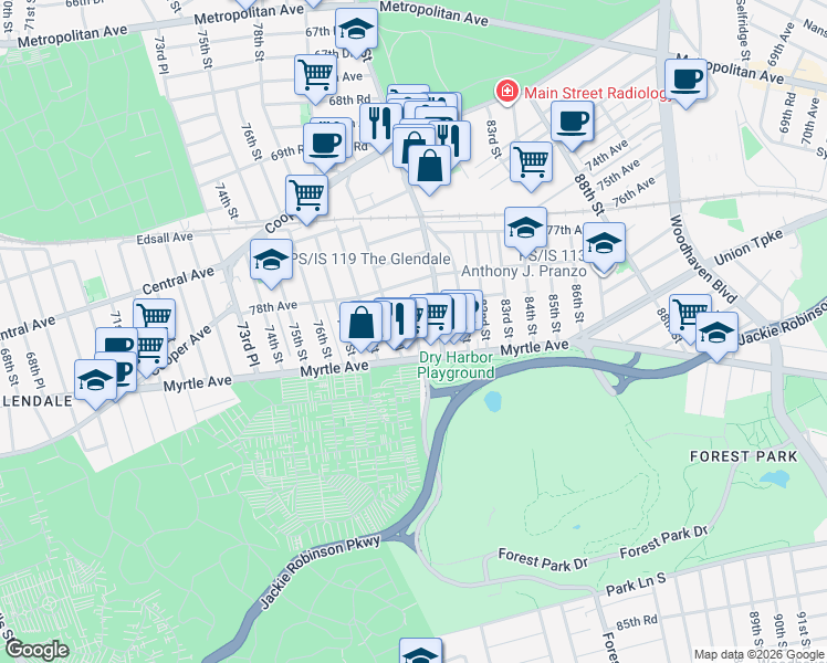 map of restaurants, bars, coffee shops, grocery stores, and more near 78-41 79th Lane in Queens