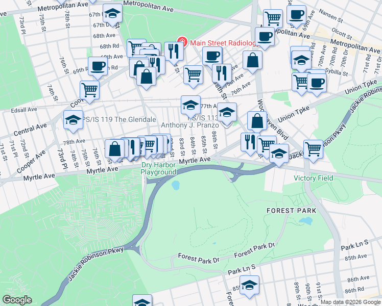 map of restaurants, bars, coffee shops, grocery stores, and more near 78-57 84th Street in Queens