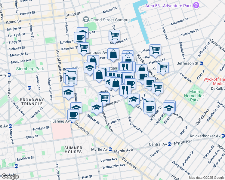 map of restaurants, bars, coffee shops, grocery stores, and more near 210 Varet Street in Brooklyn