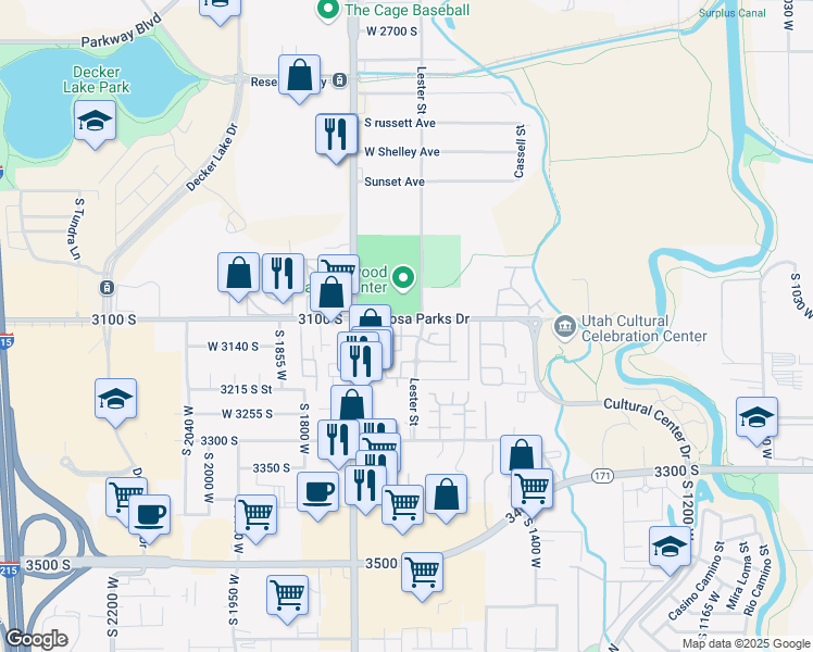 map of restaurants, bars, coffee shops, grocery stores, and more near 1616 Vivante Way in West Valley City