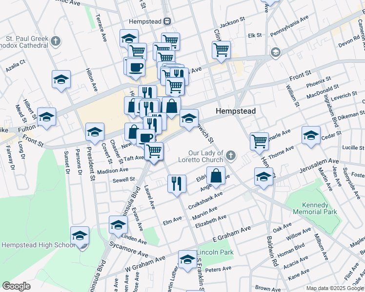 map of restaurants, bars, coffee shops, grocery stores, and more near 285 Peninsula Boulevard in Hempstead