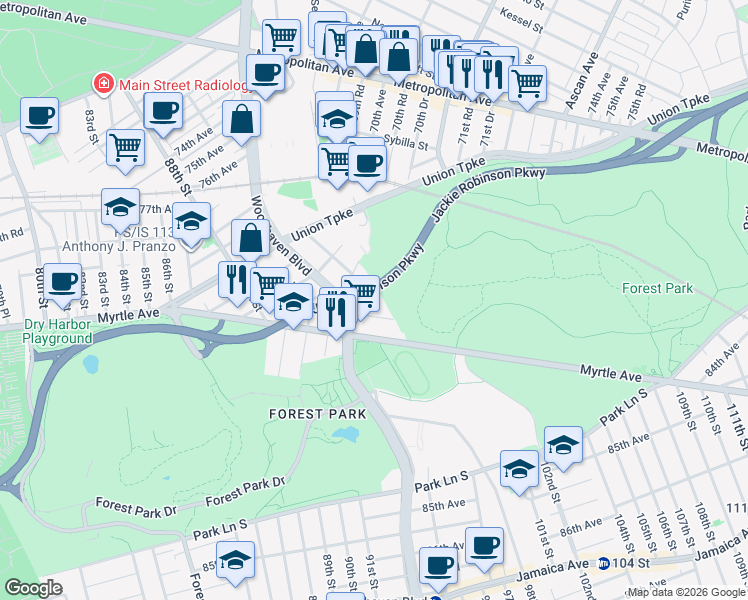 map of restaurants, bars, coffee shops, grocery stores, and more near 90-30 82nd Road in Queens