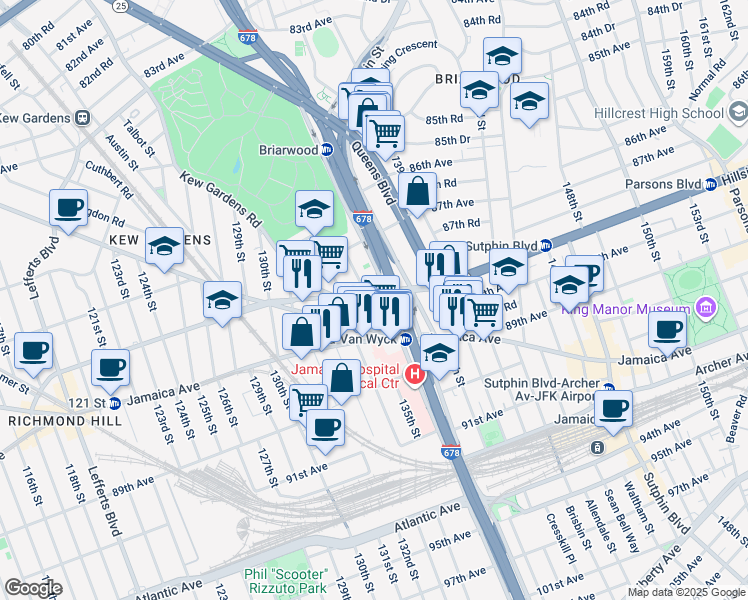 map of restaurants, bars, coffee shops, grocery stores, and more near 136-6 Hillside Avenue in Queens