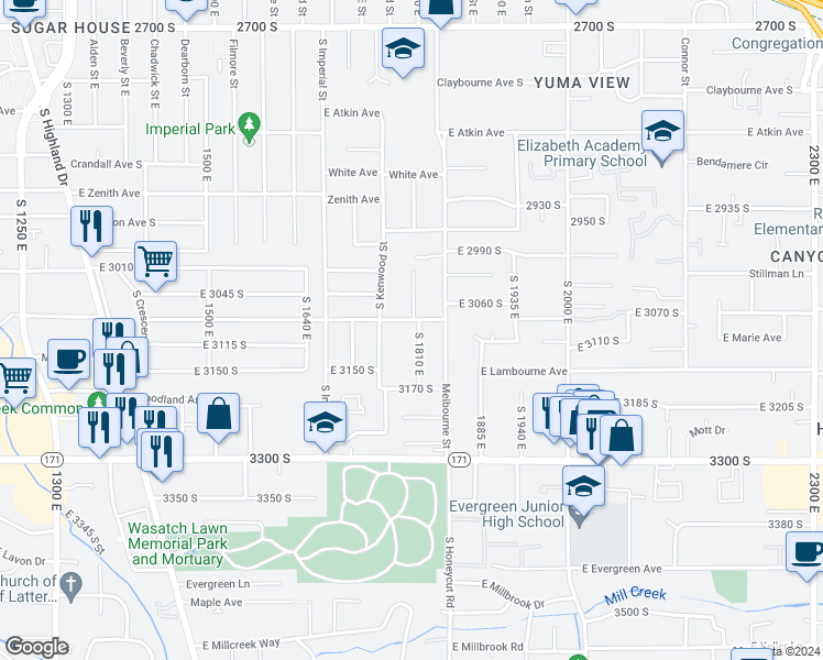 map of restaurants, bars, coffee shops, grocery stores, and more near 3096 South 1810 East in Salt Lake City