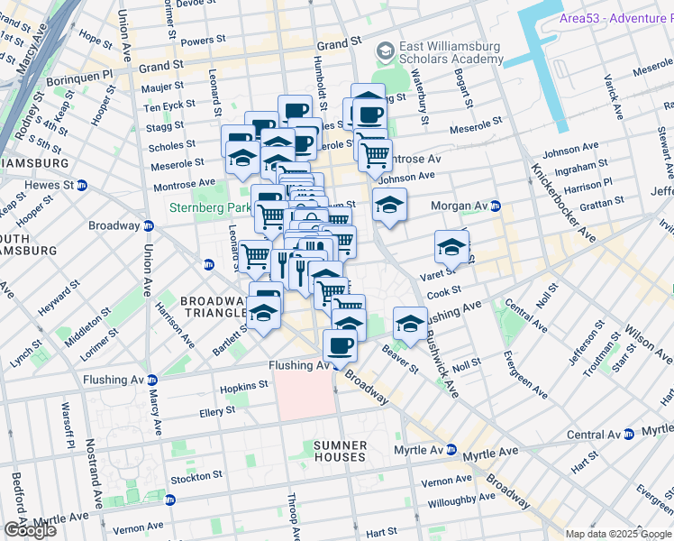 map of restaurants, bars, coffee shops, grocery stores, and more near 106 Moore Street in Brooklyn