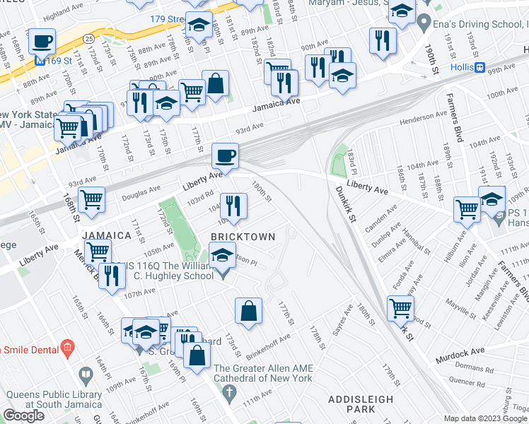 map of restaurants, bars, coffee shops, grocery stores, and more near 177-47 106th Avenue in Queens