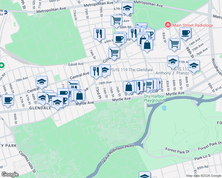 map of restaurants, bars, coffee shops, grocery stores, and more near 78-16 76th Street in Queens