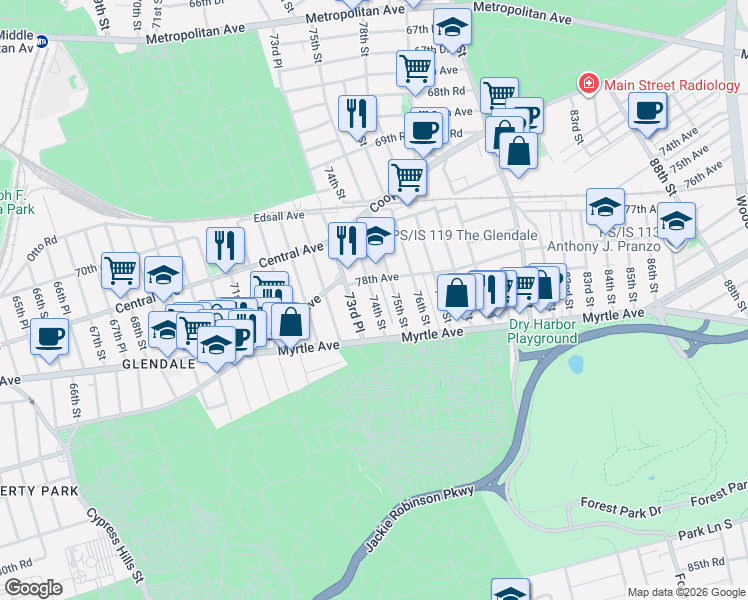 map of restaurants, bars, coffee shops, grocery stores, and more near 78-13 74th Street in Queens