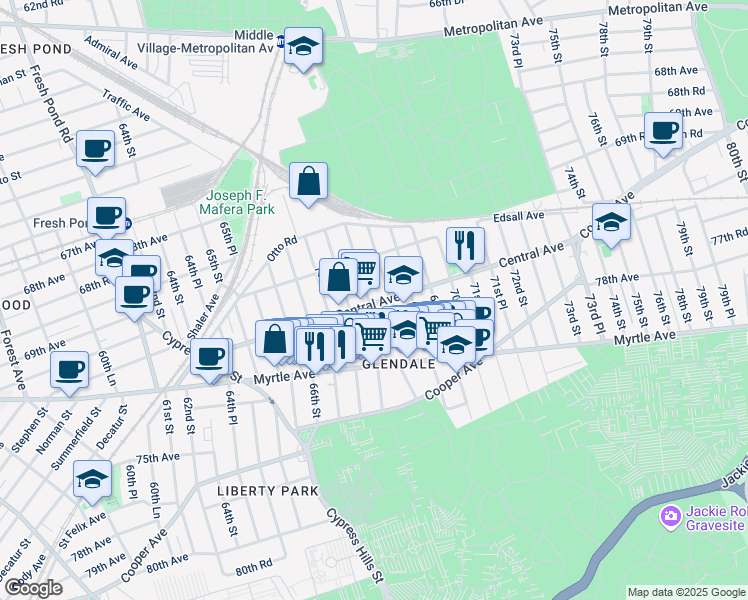 map of restaurants, bars, coffee shops, grocery stores, and more near 70-35 68th Street in Queens