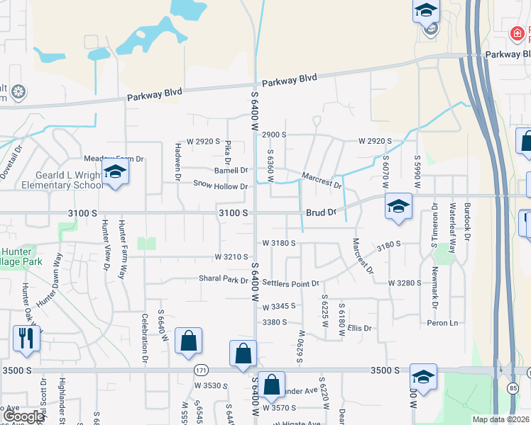 map of restaurants, bars, coffee shops, grocery stores, and more near 6374 West 3100 South in West Valley City