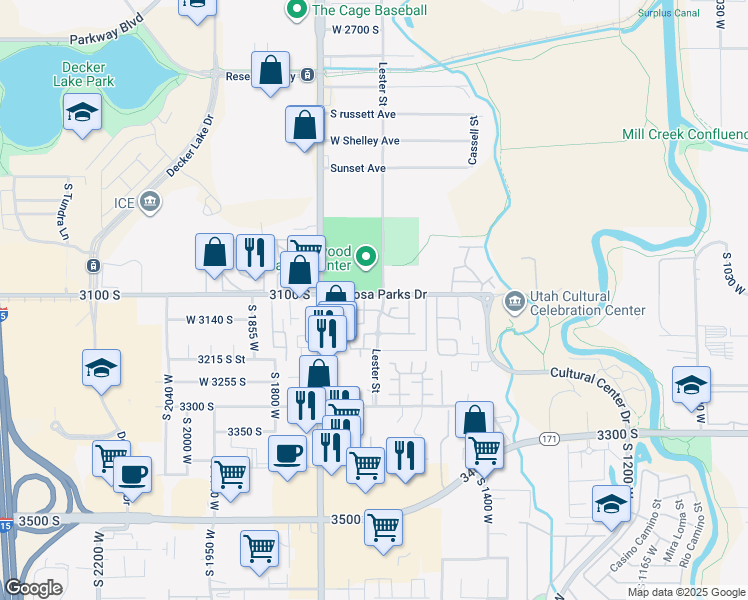 map of restaurants, bars, coffee shops, grocery stores, and more near 1616 Vivante Way in West Valley City