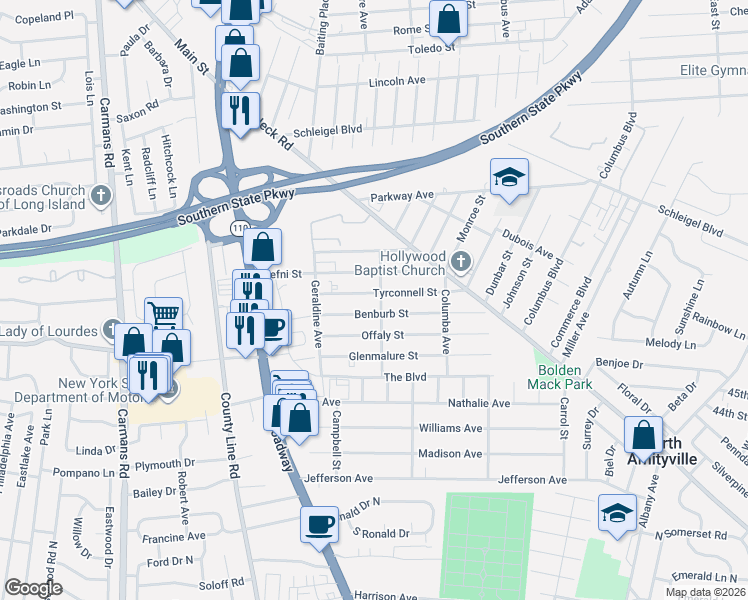 map of restaurants, bars, coffee shops, grocery stores, and more near 38 Brandon Avenue in Amityville