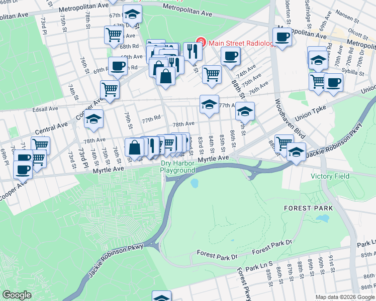 map of restaurants, bars, coffee shops, grocery stores, and more near 78-52 81st Street in Queens