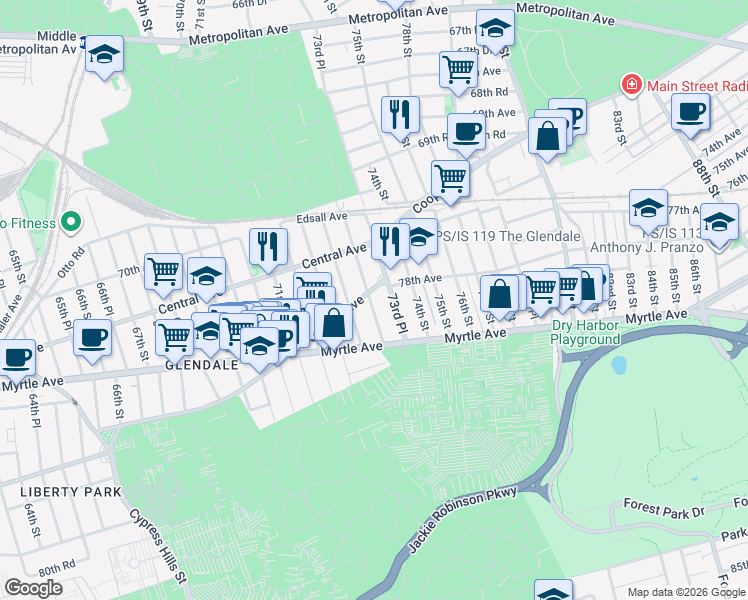 map of restaurants, bars, coffee shops, grocery stores, and more near in Queens