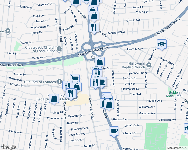 map of restaurants, bars, coffee shops, grocery stores, and more near 86522 County Line Road in Amityville