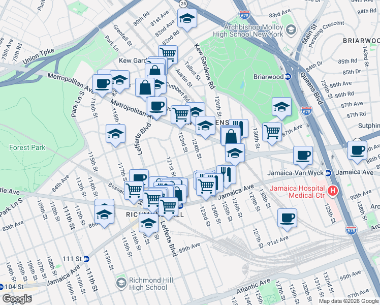 map of restaurants, bars, coffee shops, grocery stores, and more near 123-03 85th Avenue in Queens