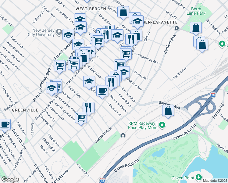 map of restaurants, bars, coffee shops, grocery stores, and more near 507-523 Ocean Avenue in Jersey City