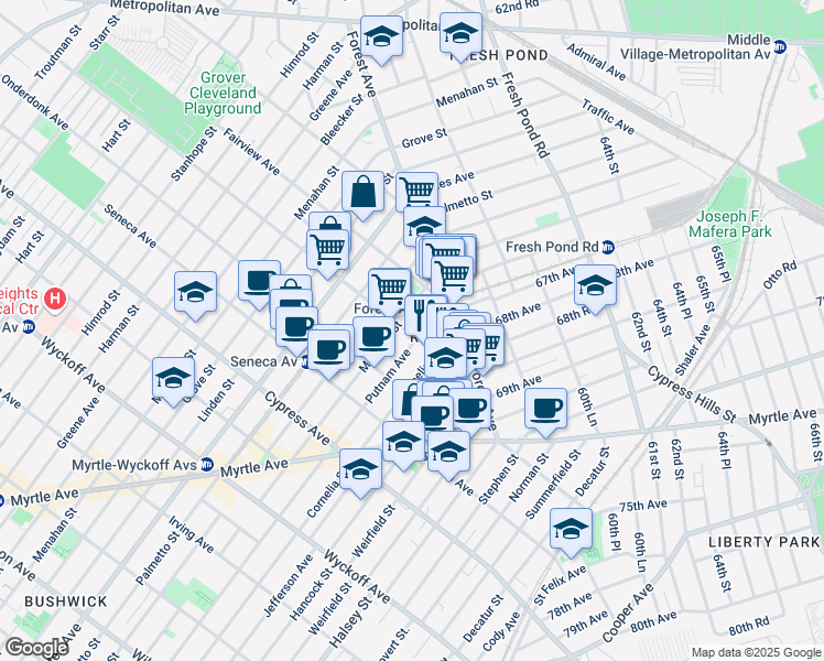 map of restaurants, bars, coffee shops, grocery stores, and more near in Queens