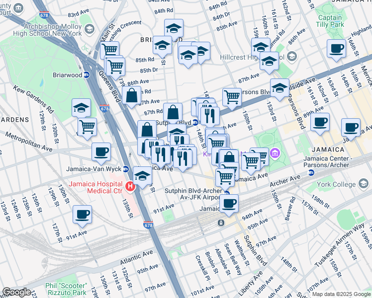 map of restaurants, bars, coffee shops, grocery stores, and more near 88-15 144th Street in Queens