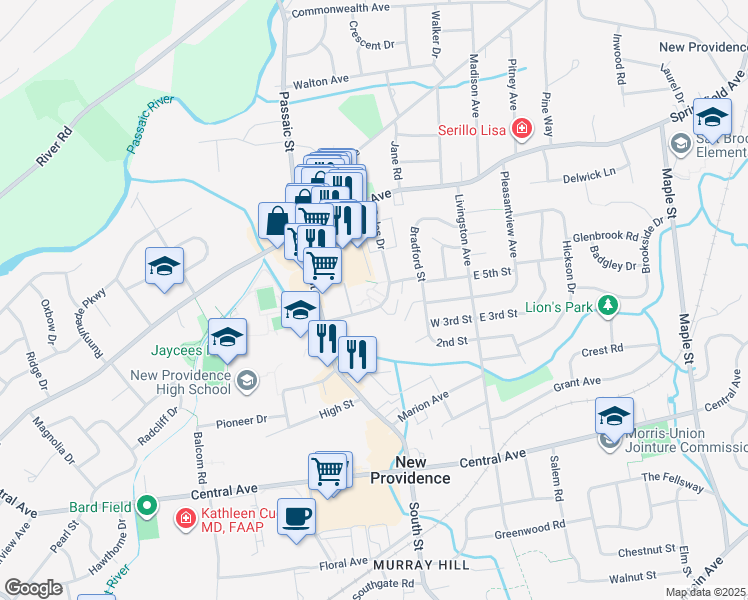 map of restaurants, bars, coffee shops, grocery stores, and more near 103 Gales Drive in New Providence