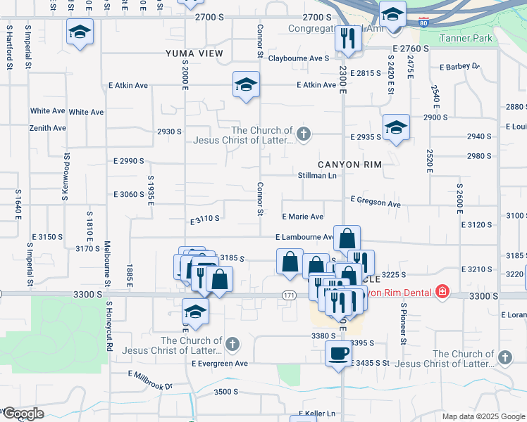 map of restaurants, bars, coffee shops, grocery stores, and more near 3107 Connor Street in Salt Lake City