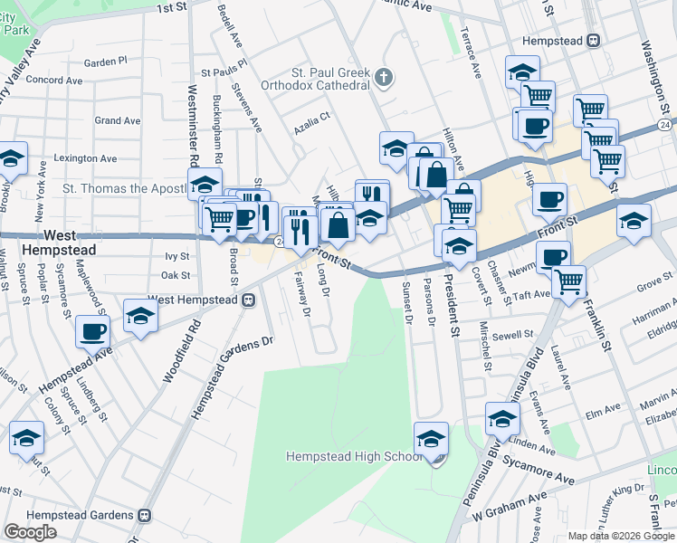 map of restaurants, bars, coffee shops, grocery stores, and more near 14 Front Street in Hempstead