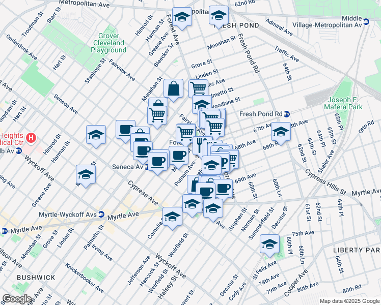 map of restaurants, bars, coffee shops, grocery stores, and more near in Queens