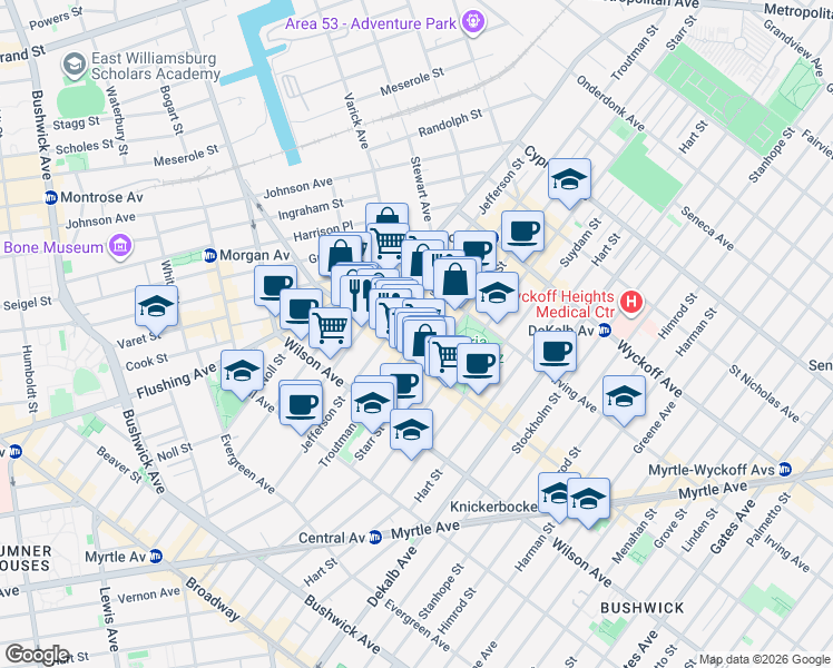 map of restaurants, bars, coffee shops, grocery stores, and more near 272 1/2 Jefferson Street in Brooklyn
