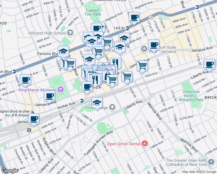 map of restaurants, bars, coffee shops, grocery stores, and more near 162-10 Jamaica Avenue in Queens