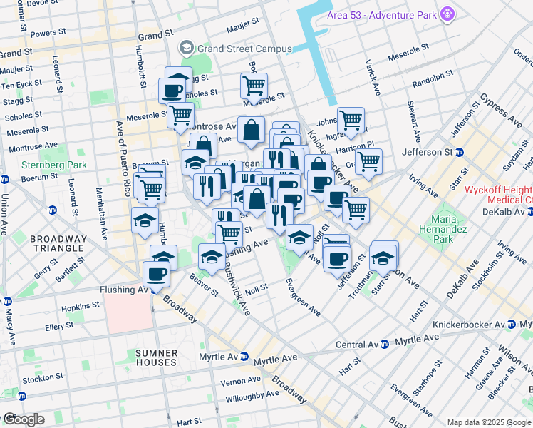 map of restaurants, bars, coffee shops, grocery stores, and more near 222 Varet Street in Brooklyn