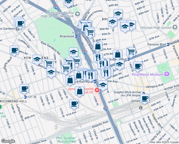 map of restaurants, bars, coffee shops, grocery stores, and more near 136-6 Hillside Avenue in Queens