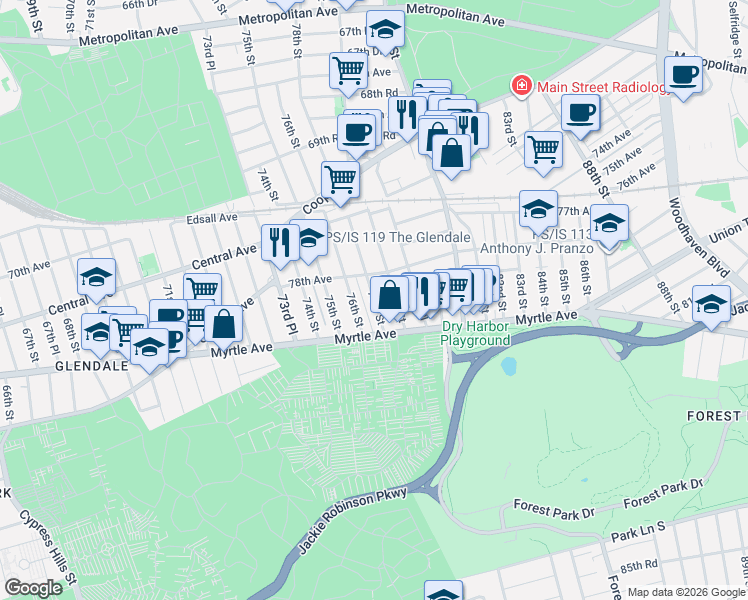 map of restaurants, bars, coffee shops, grocery stores, and more near 78-21 78th Street in Queens