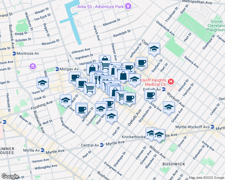 map of restaurants, bars, coffee shops, grocery stores, and more near 272 1/2 Jefferson Street in Brooklyn
